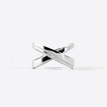 Sterling silver X Ring with crossing tapering lines and precision edge detailing on white background