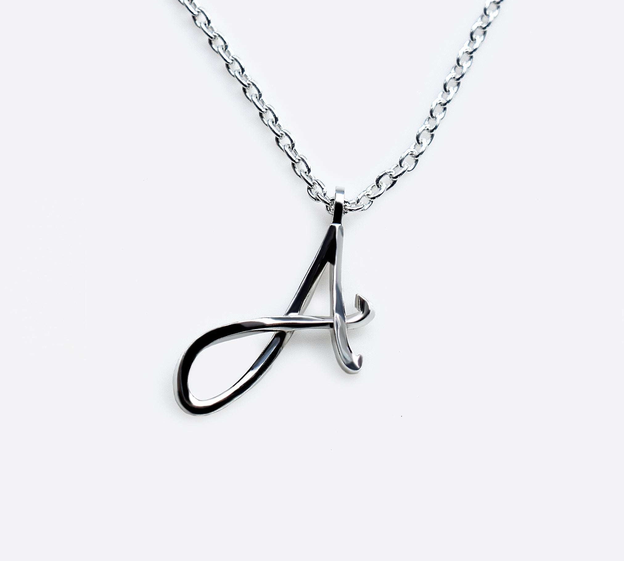 Sterling silver initials pendant necklace with scripted letter A on 16-inch chain