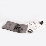 Ring Samples Set with 3 black nylon lace design rings in gray velvet pouch and discount card on white background