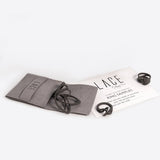 Ring Samples Set with 3 black nylon lace design rings in gray velvet pouch and discount card on white background