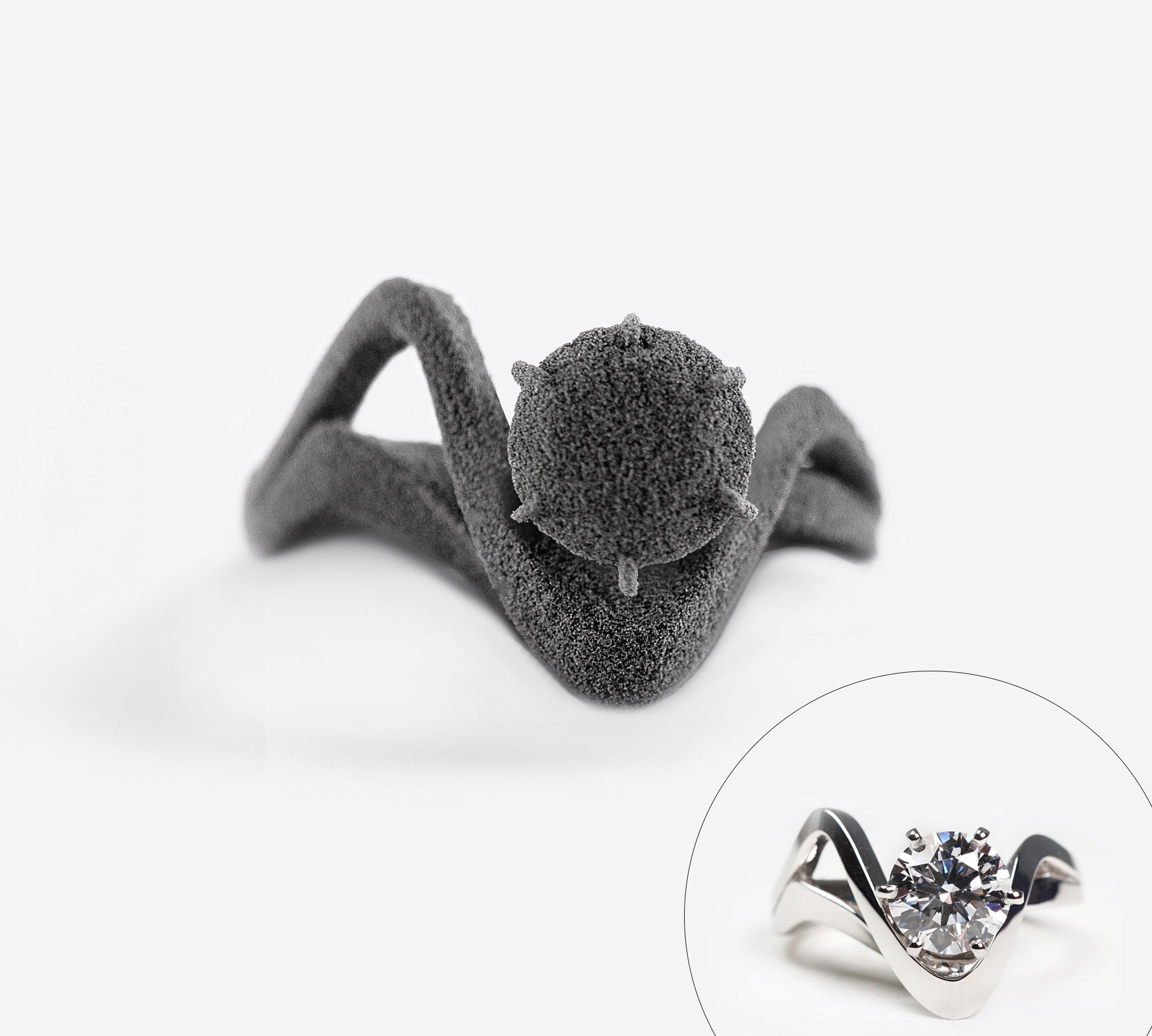 Black nylon sample engagement ring with textured finish and round setting, part of engagement ring samples set