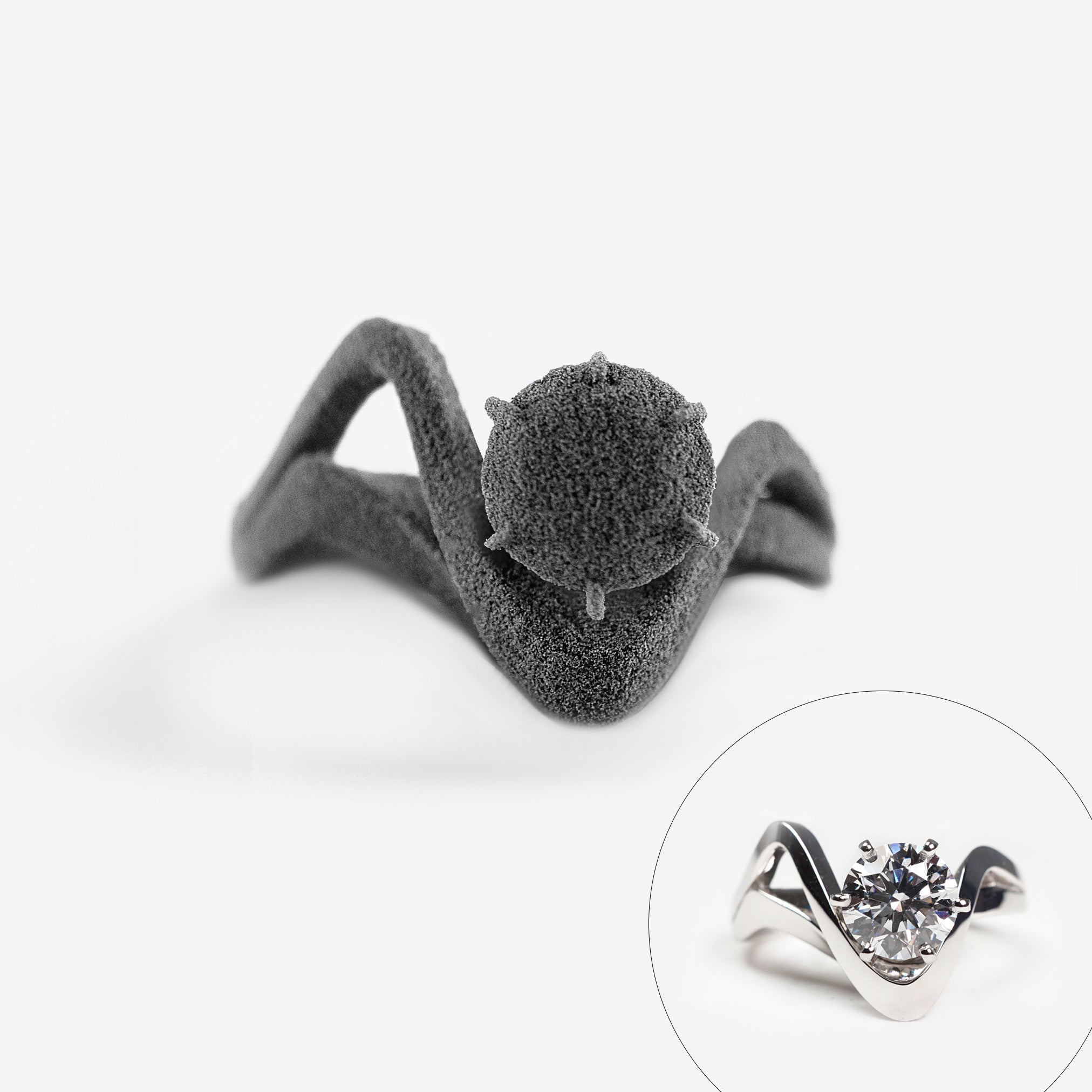 Nylon engagement ring sample from bespoke LACE bridal collection with intricate design and round setting