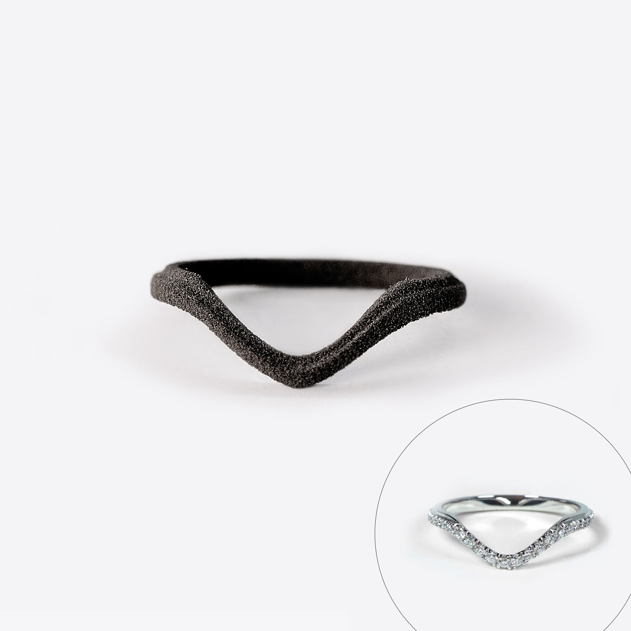 Nylon engagement ring sample in chevron shape with inset photo of matching diamond ring from Engagement Ring Samples Set