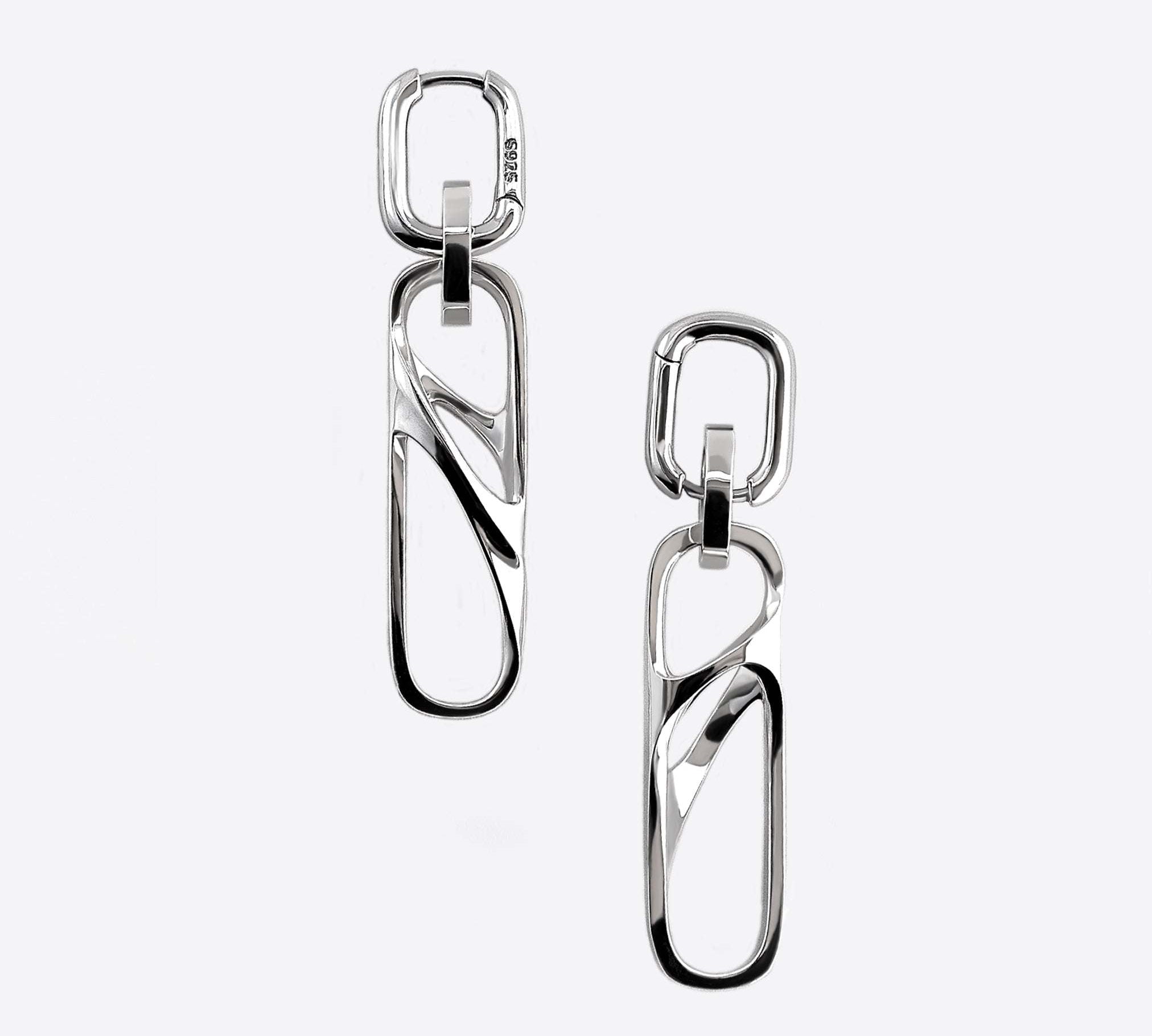 Sterling silver dangle earrings with three connected twisted square links, modern elegant design