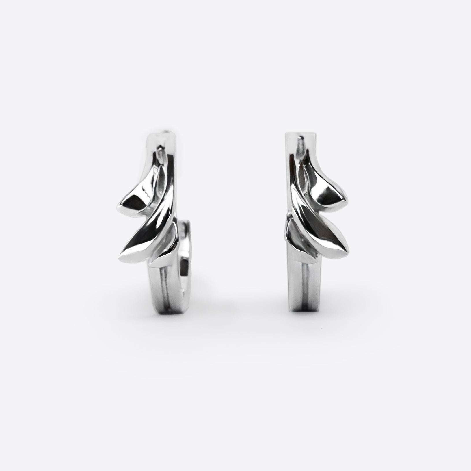 Calyx Mini Hoop sterling silver earrings with layered petal design