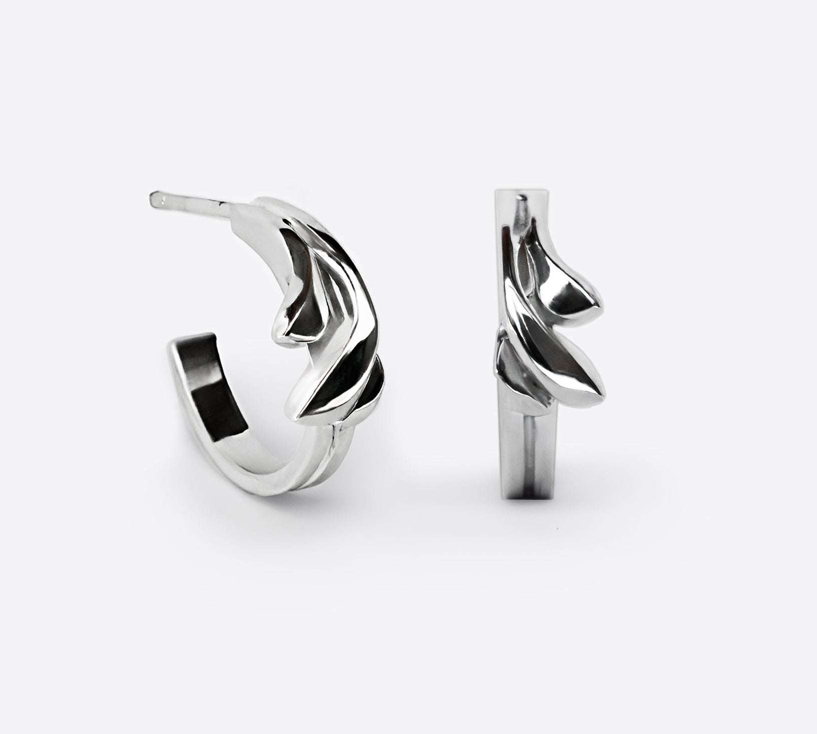 Calyx Mini Hoop sterling silver earrings with layered petal design, 0.625" diameter, elegant and modern style