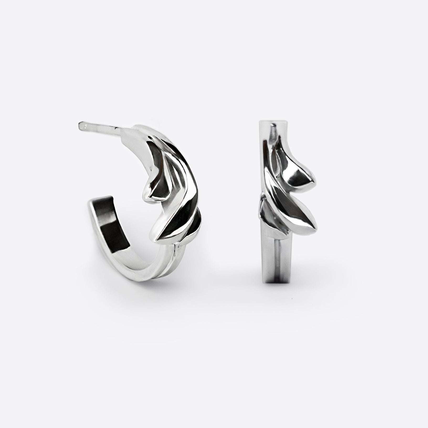 Calyx Mini Hoop sterling silver earrings with layered petal design, 0.625" diameter, elegant and modern style