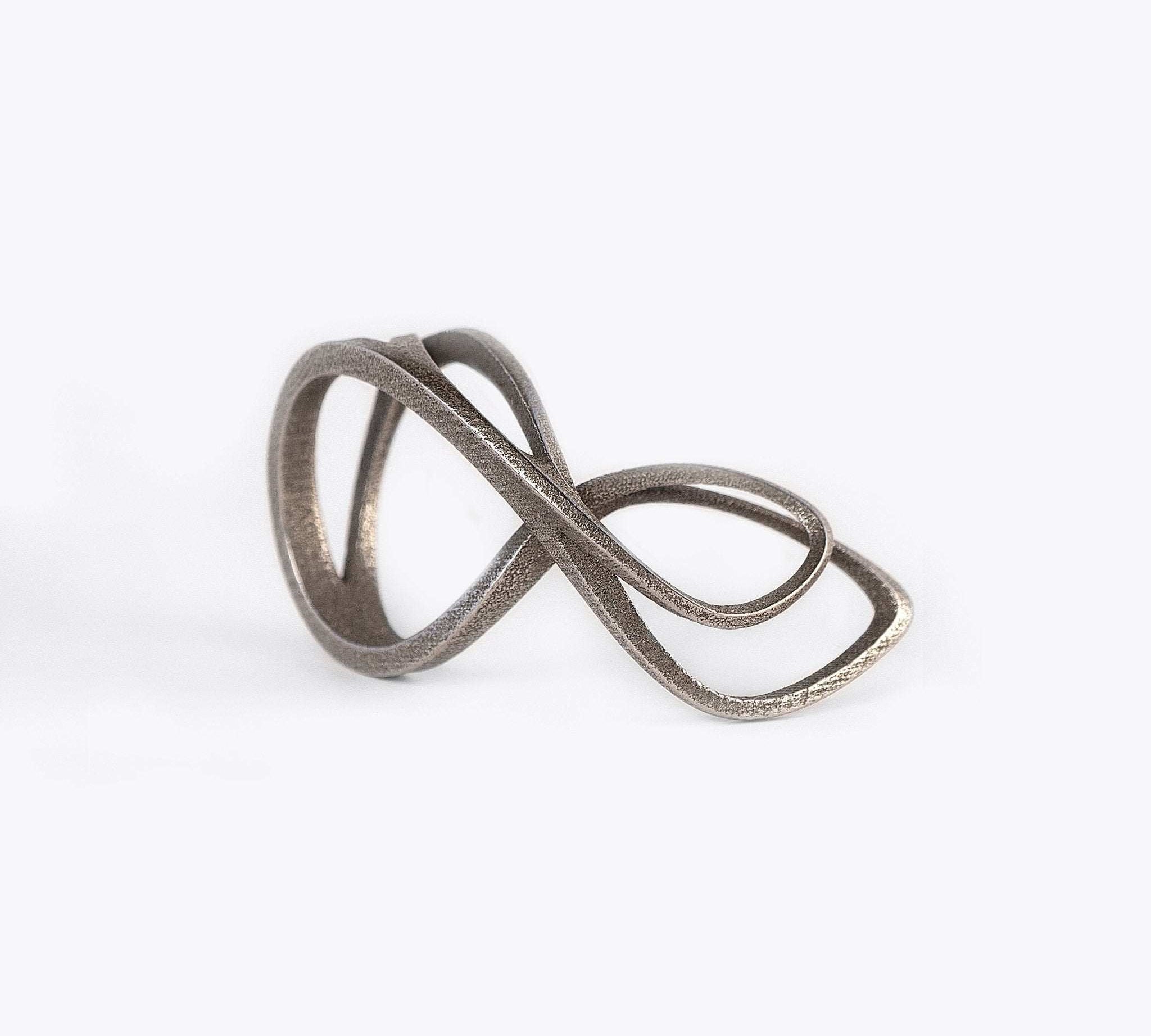 Mobius Steel Ring with fluid elliptical petal design in gray steel isolated on white background