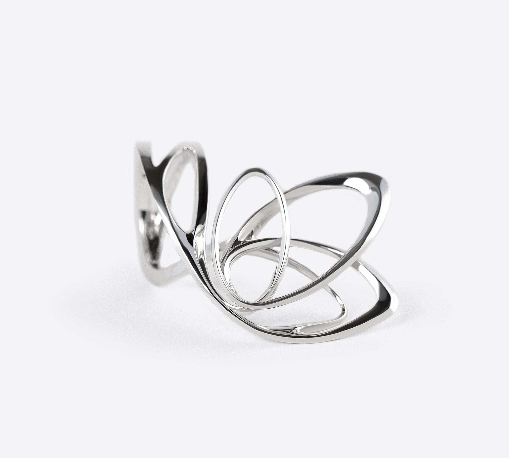 Sterling silver Papilio ring with four elliptical petal shapes and intricate edge detailing