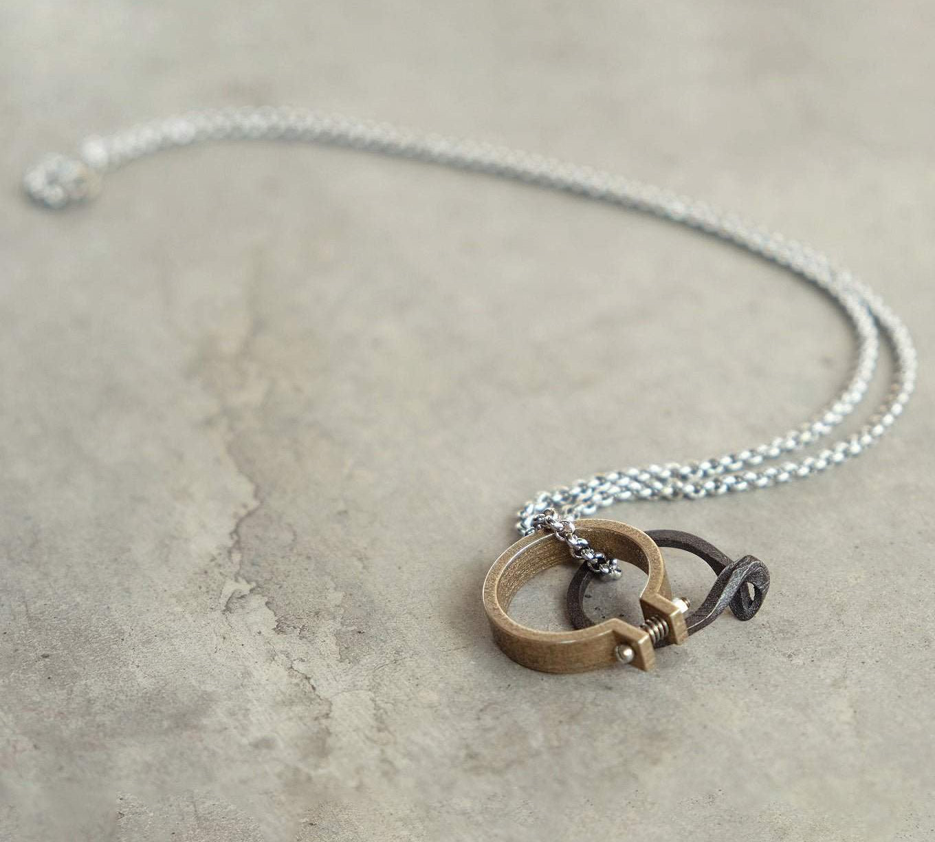 Machina Q ring and Machina L Chain Necklace stainless steel and bronze men's jewelry gift set