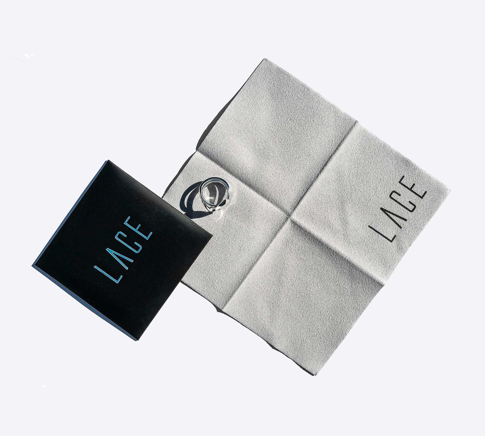 Jewelry polishing cloth made of soft microfiber with LACE branding and black box packaging