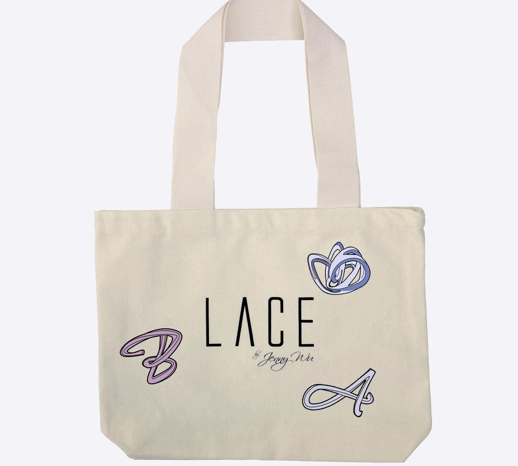 LACE tote bag with violet and purple LACE Heat-Press Stickers featuring custom letters and signature patterns