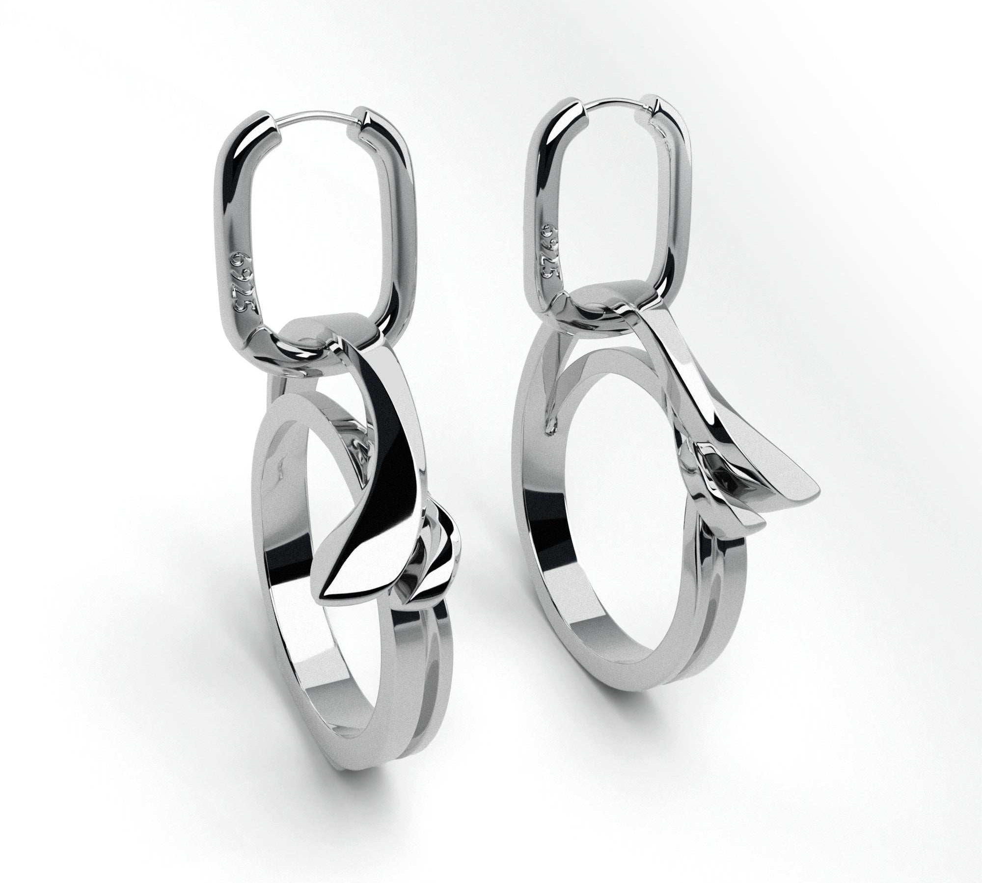 Sterling silver Halo earrings with detachable dangly hoop charms and modern sculpted design
