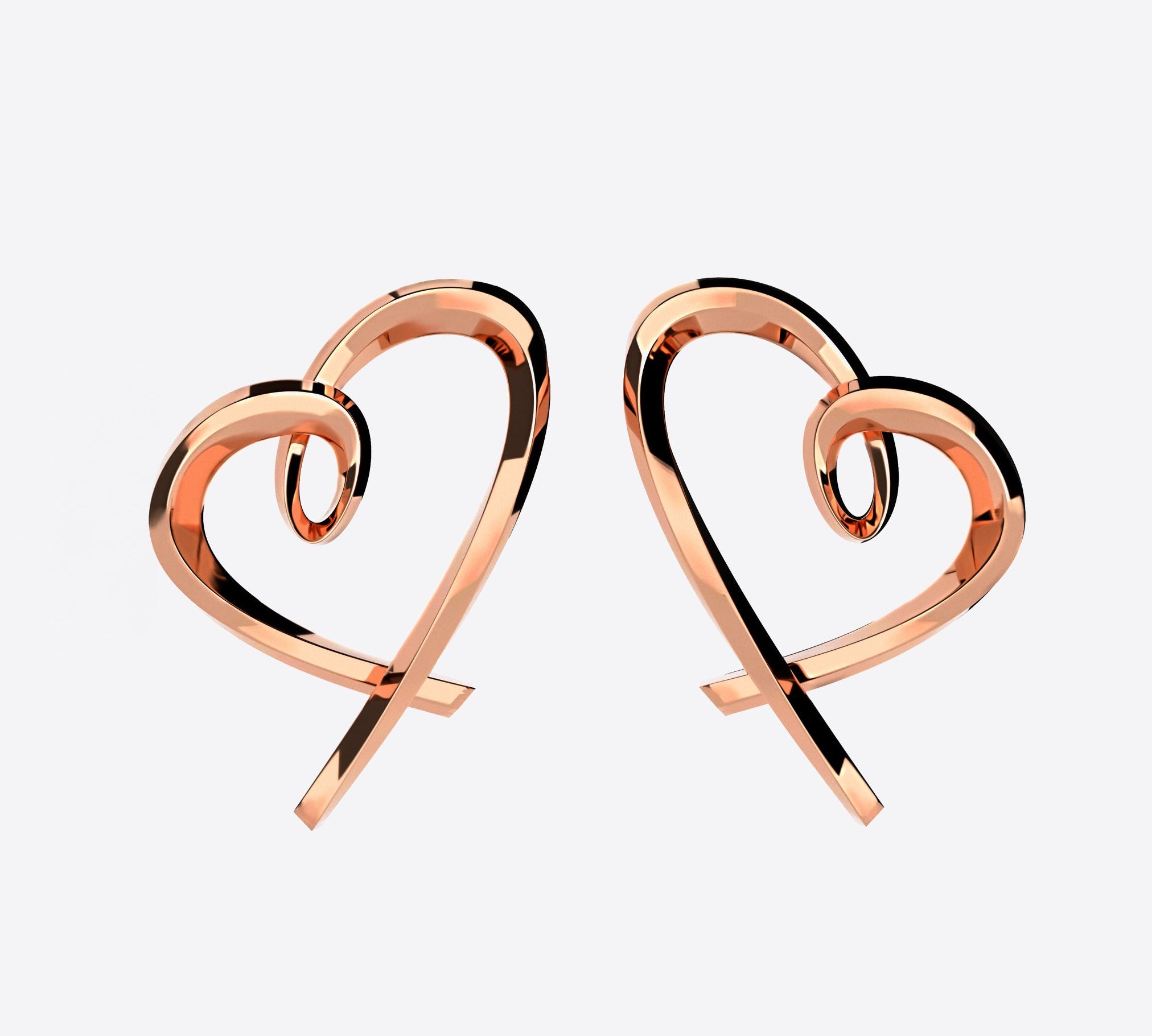 Pair of heart studs earrings with asymmetrical lace design in sterling silver and rose gold vermeil