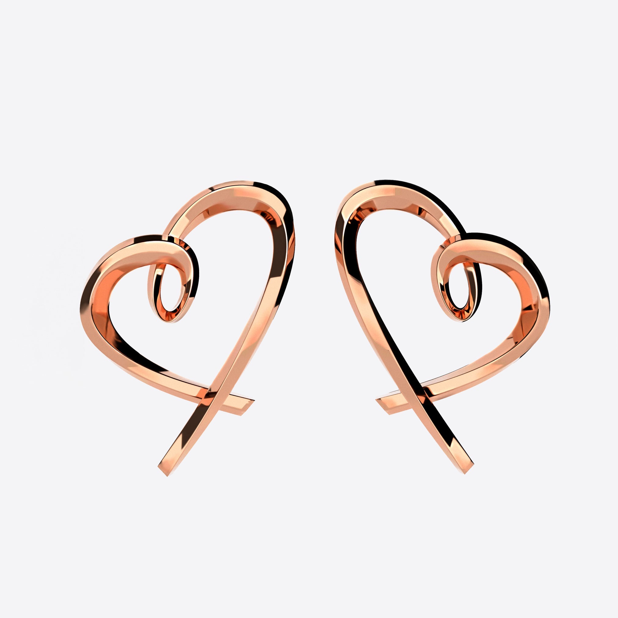 Pair of heart studs earrings with asymmetrical lace design in sterling silver and rose gold vermeil
