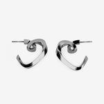 Heart Mini Hoop earrings with lace-inspired heart silhouette, available in sterling silver and 18K rose gold vermeil.