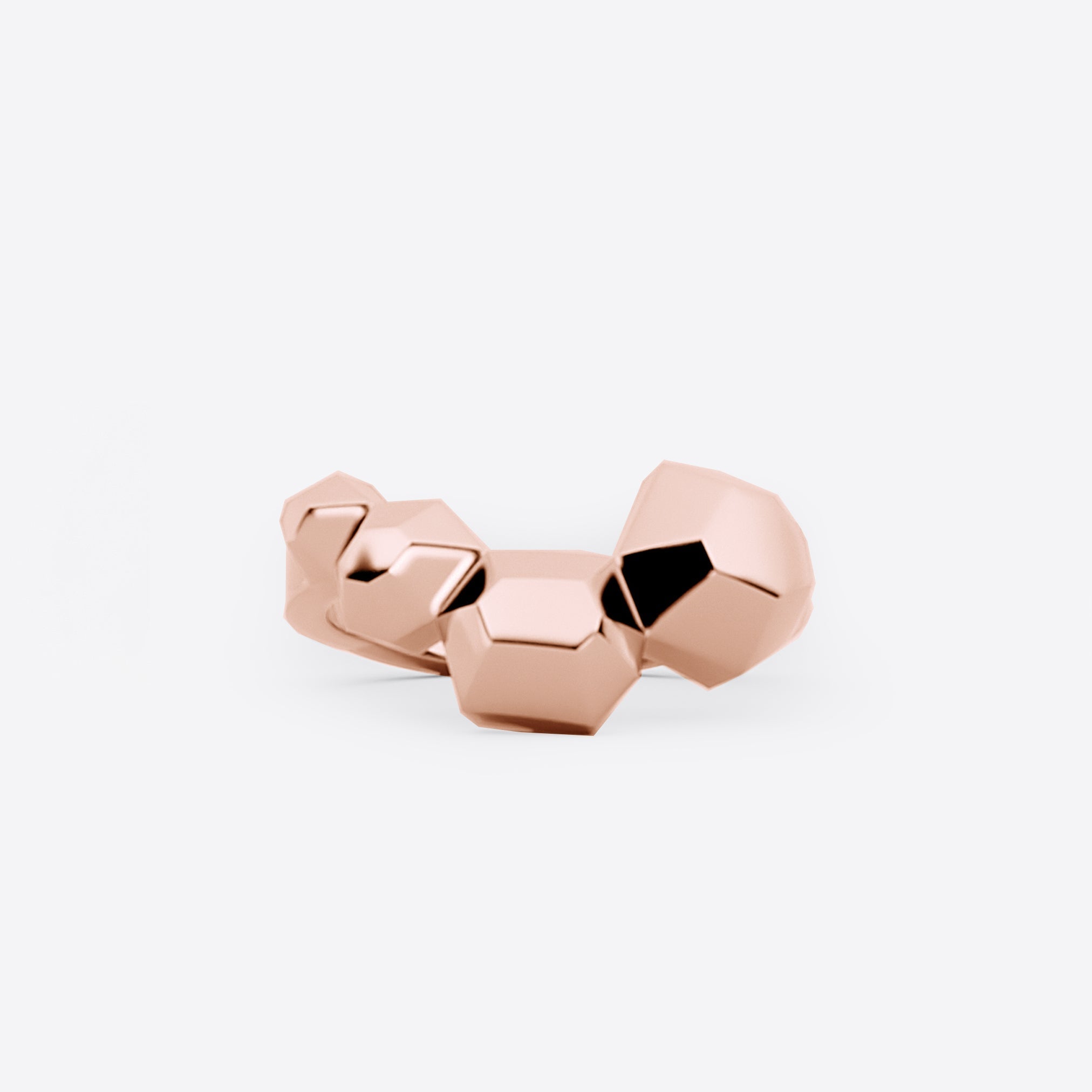 18K Rose Gold Hexa Rings Set featuring hexagonal volumes with undulating surfaces, shown as a seamless statement ring combo