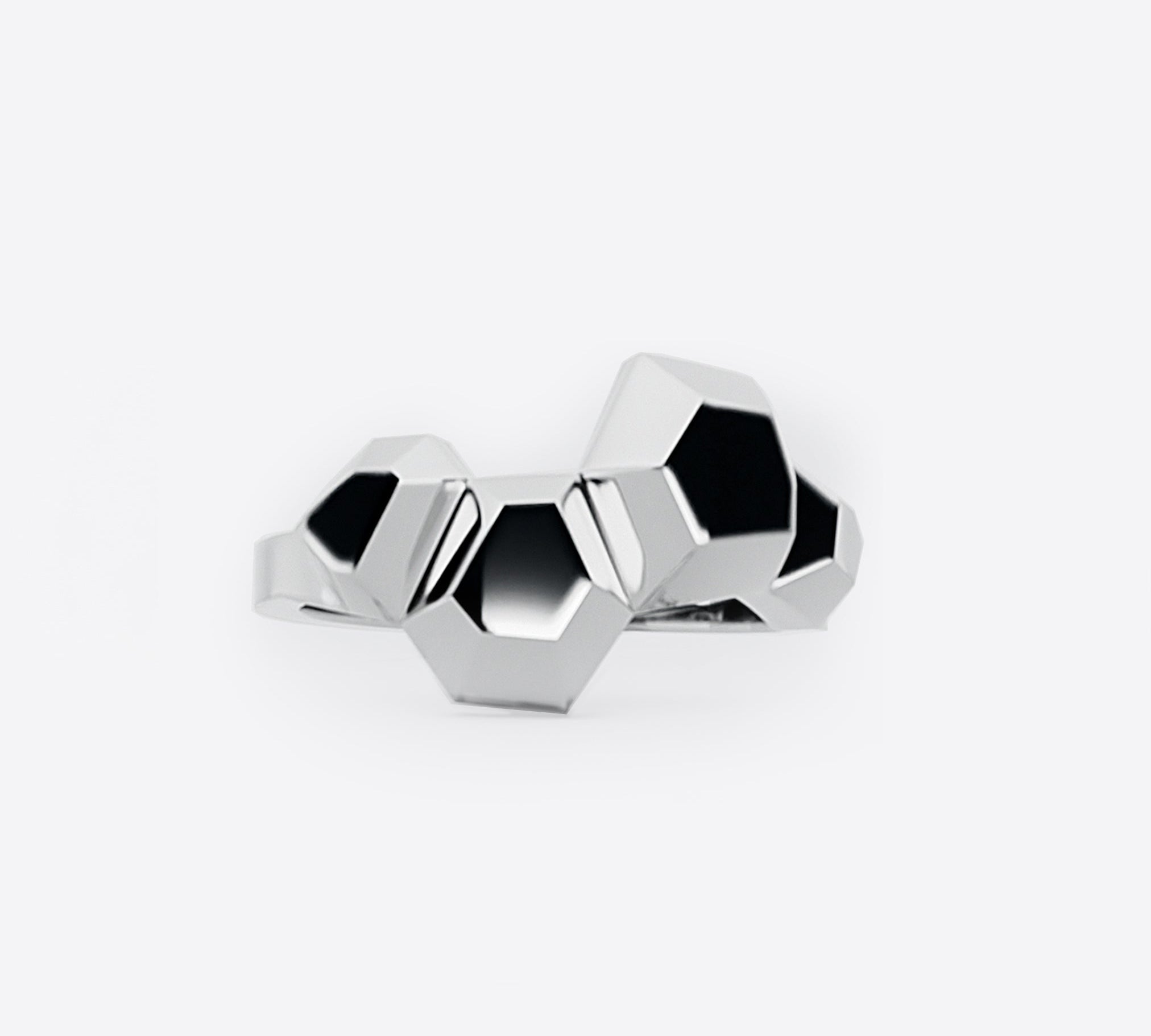 Modern sculptural Hexa Ring- Top in polished sterling silver with hexagonal faceted design