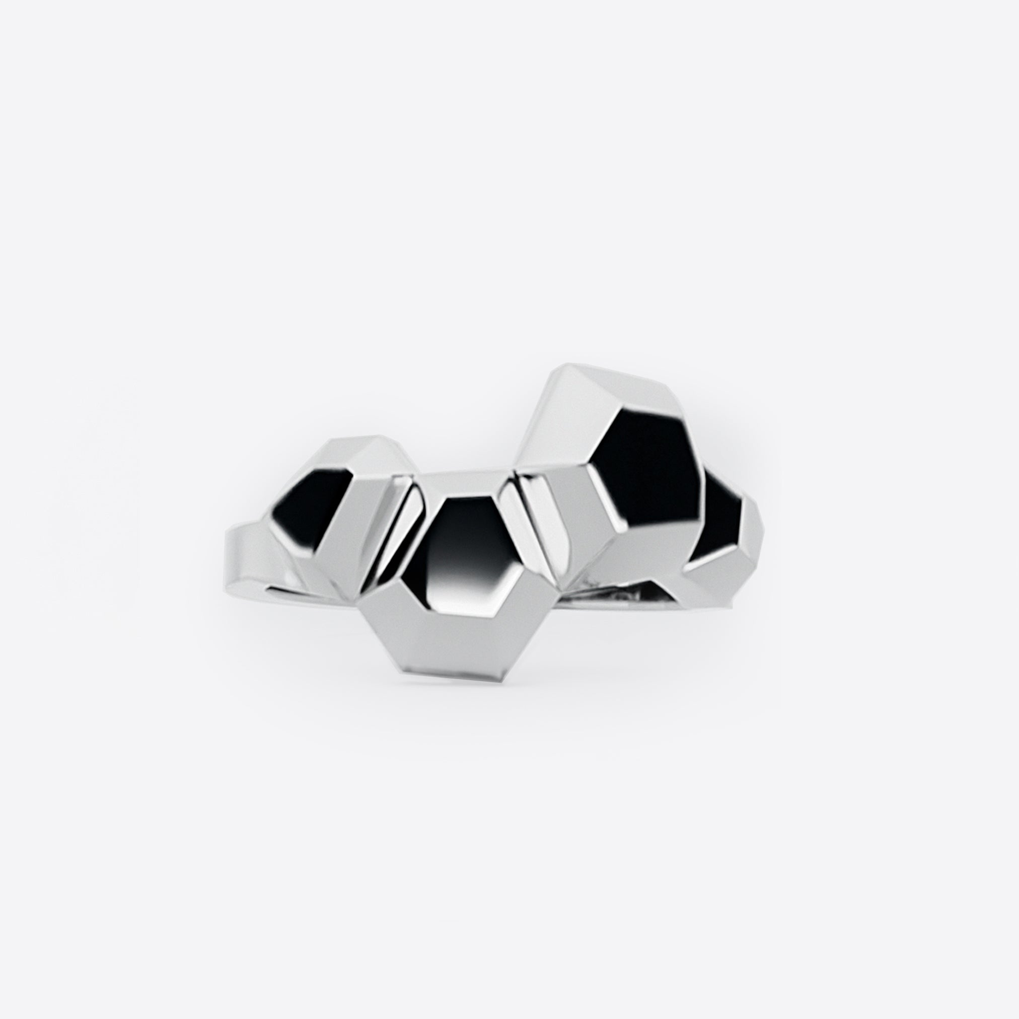 Modern sculptural Hexa Ring- Top in polished sterling silver with hexagonal faceted design