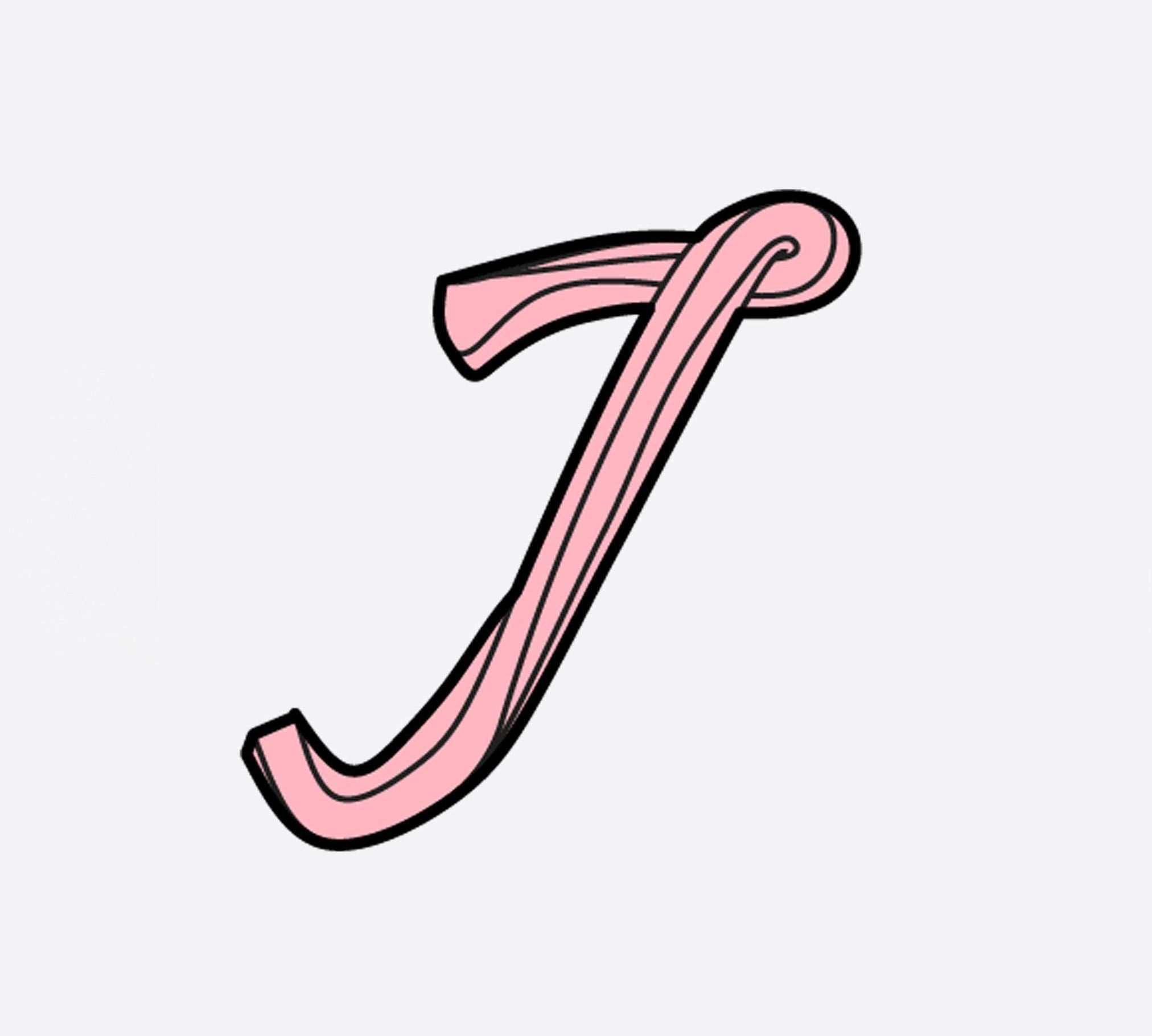 Pink decorative letter J LACE heat-press sticker with black outline and striped design