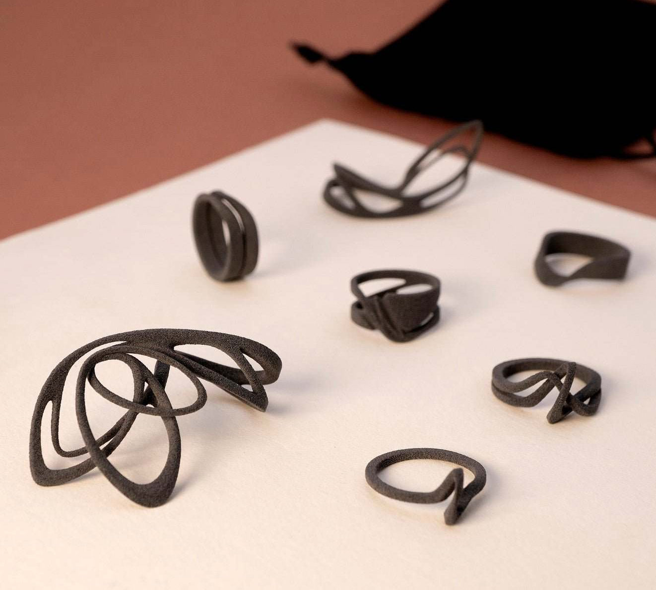 LACE ring collection nylon sample set with 3 black flexible designer rings and velvet pouch