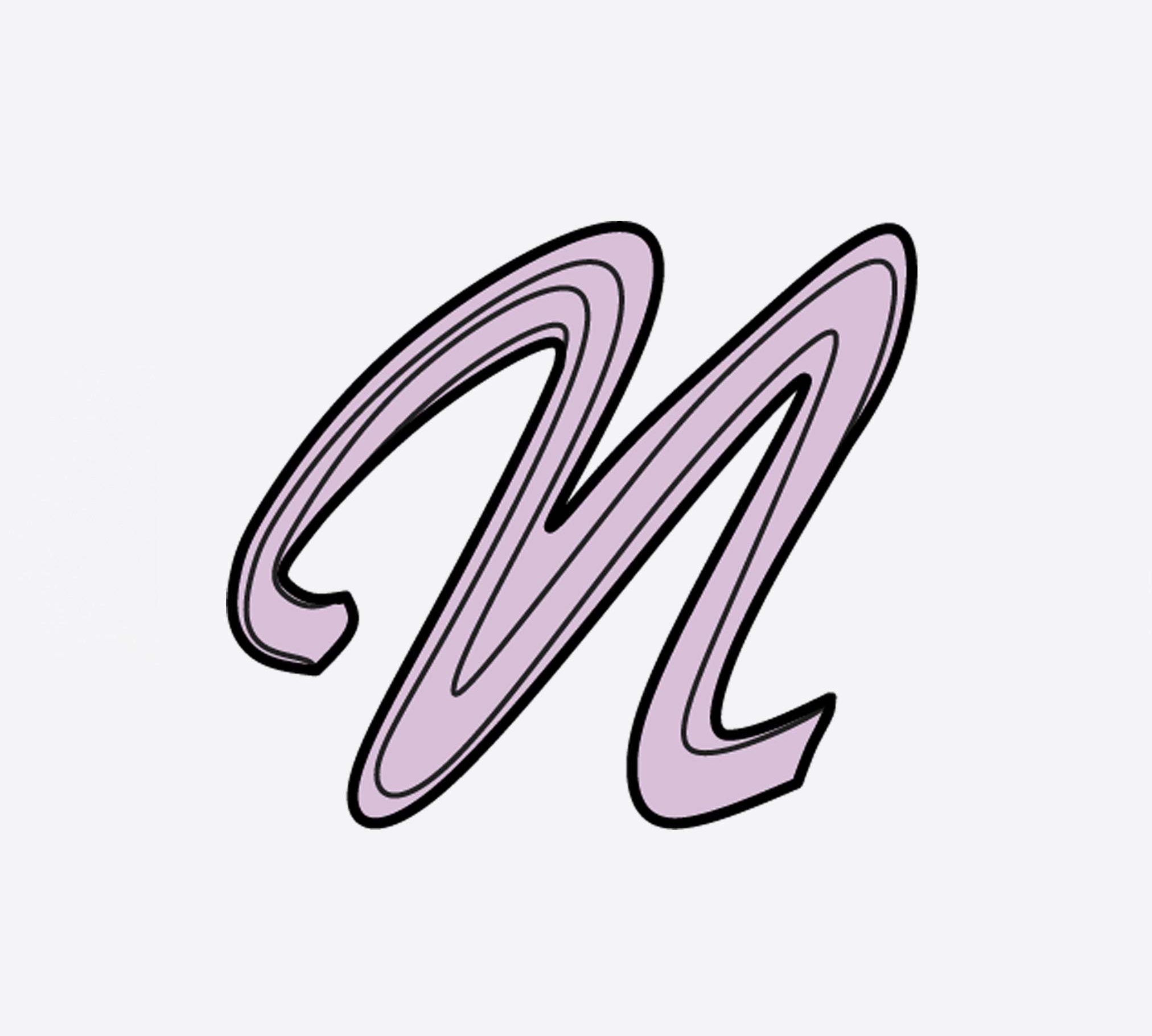 LACE Heat-Press Sticker letter M in violet purple color with black outline, 2.75 x 2 inch iron-on design