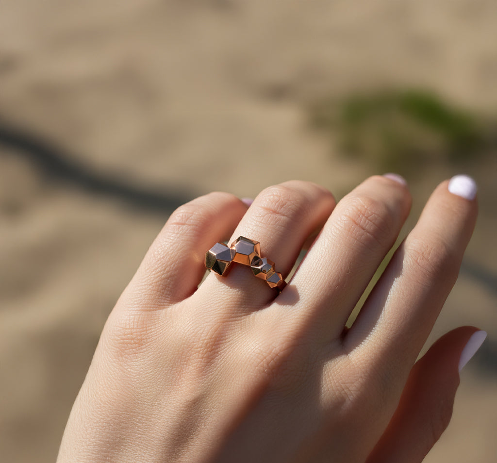 Hexa Rings Set in 18K Rose Gold Vermeil on finger showcasing hexagonal design