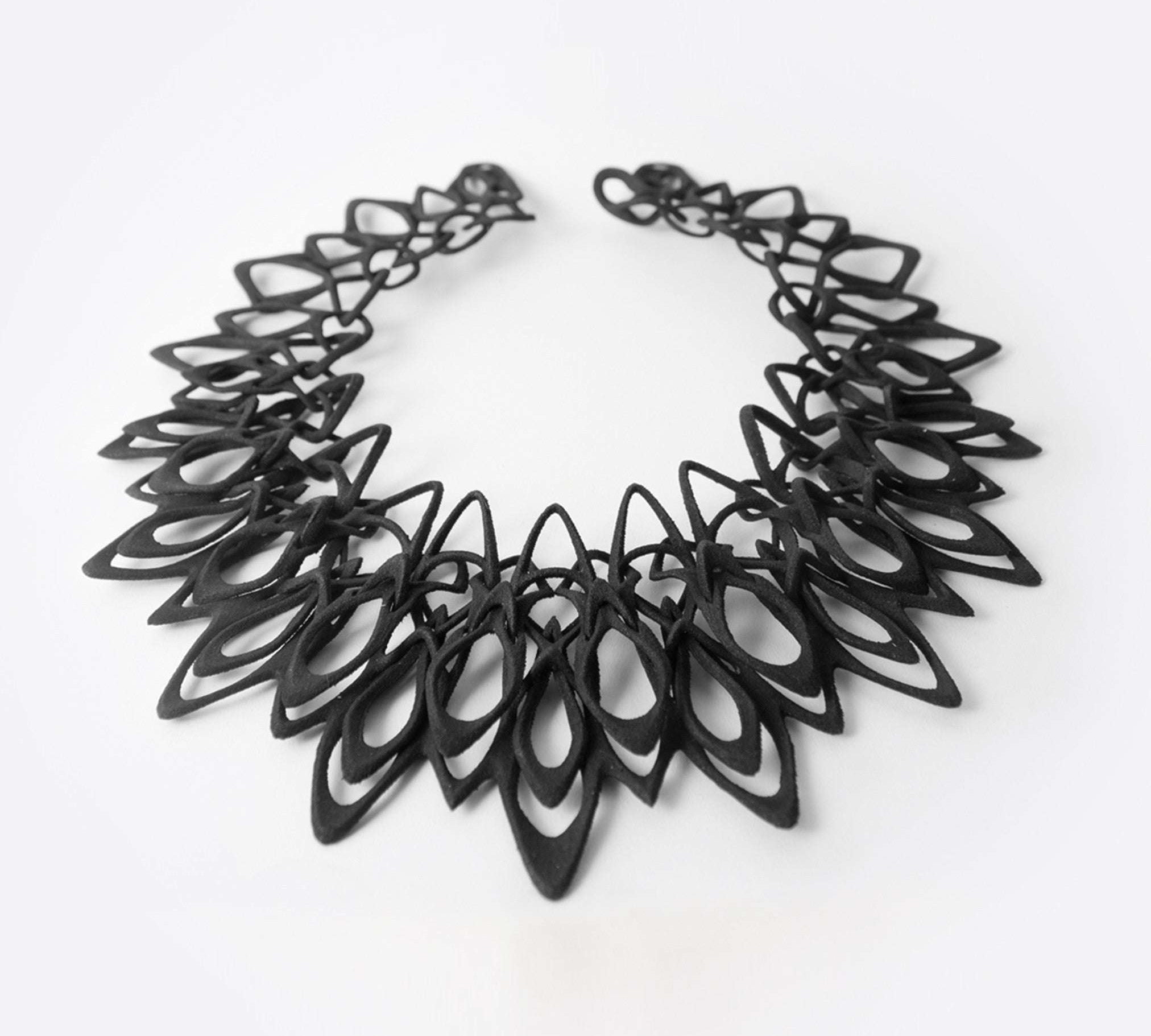 Stria Necklace black 3D printed TPU elliptical petal design flexible polymer jewelry
