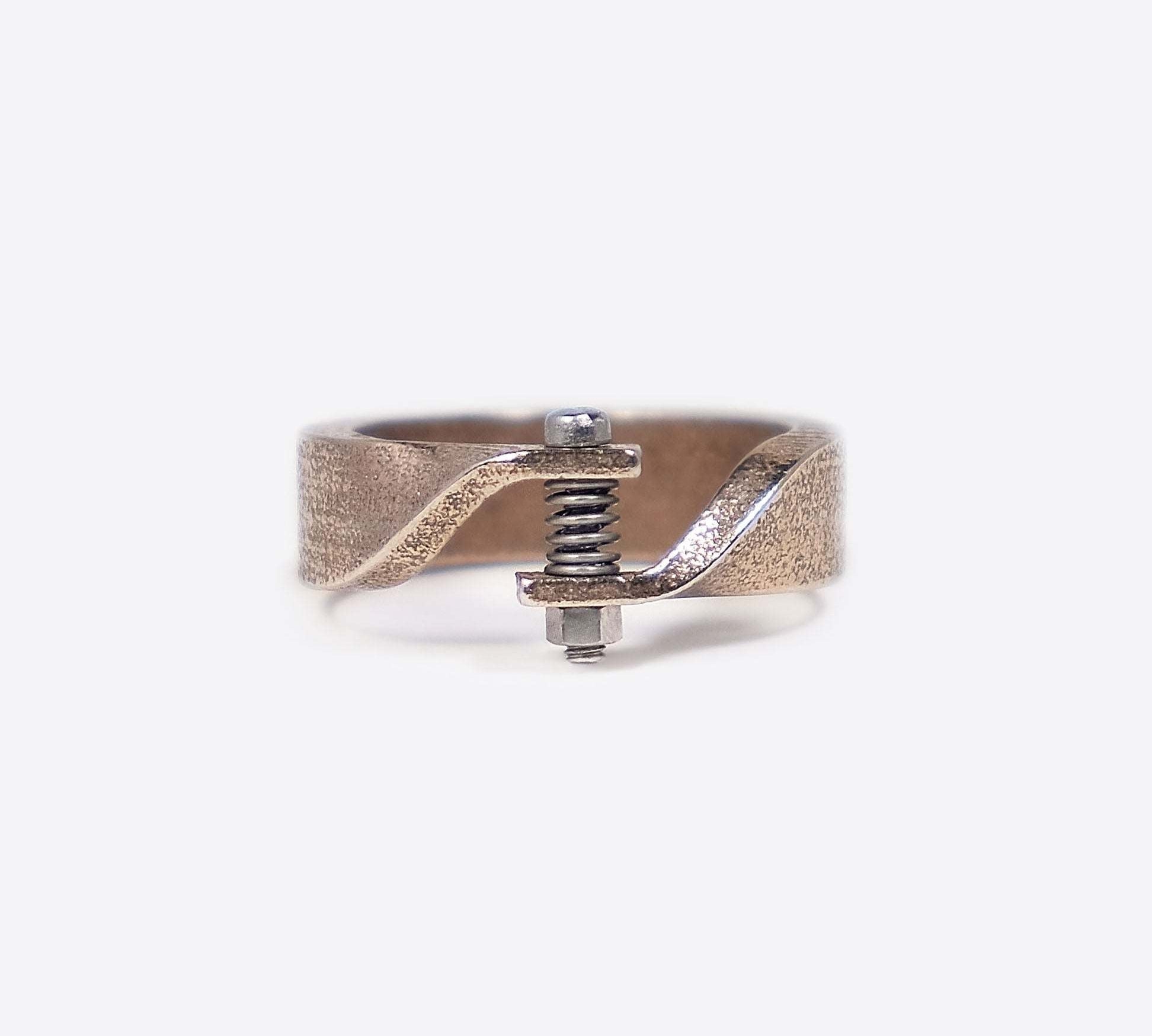 Machina X men's adjustable stainless steel and bronze ring with industrial screw design